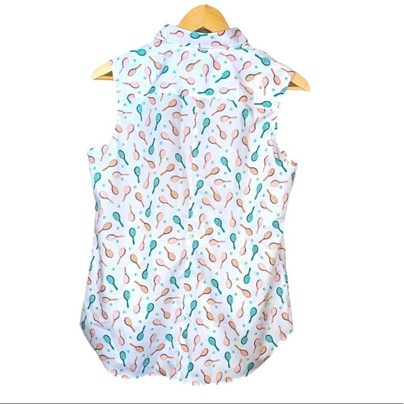 Lands end size 8 no iron supima button down sleeveless blouse tennis rackets - Picture 2 of 10